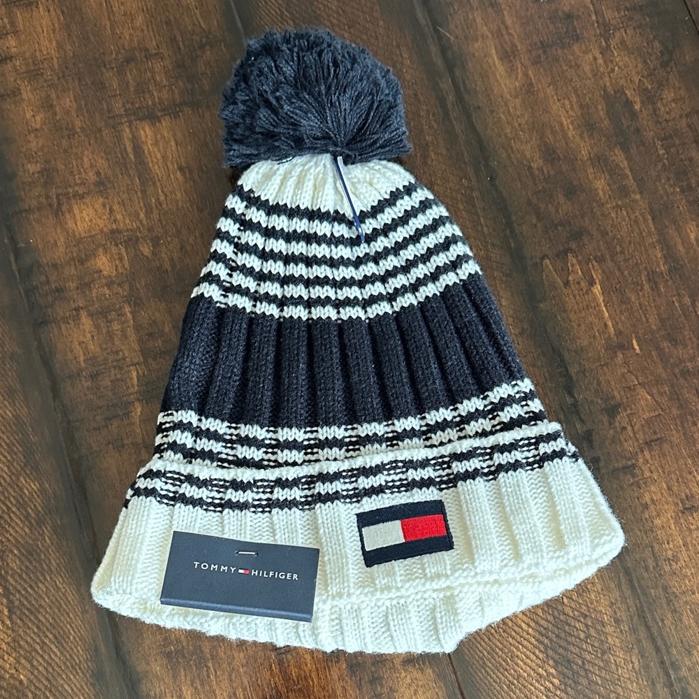 Tommy Hilfiger Adult Pom-Pom Beanie - Navy Blue and White